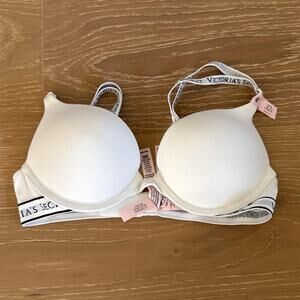 Victoria's Secret Push Up Bra Logo Print Straps Size 32A White Black